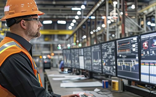 man with hardhat at computer station