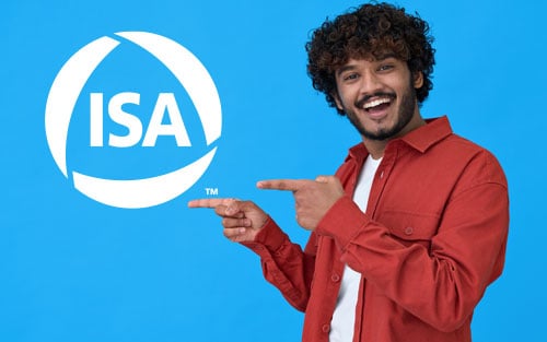 man pointing to ISA logo